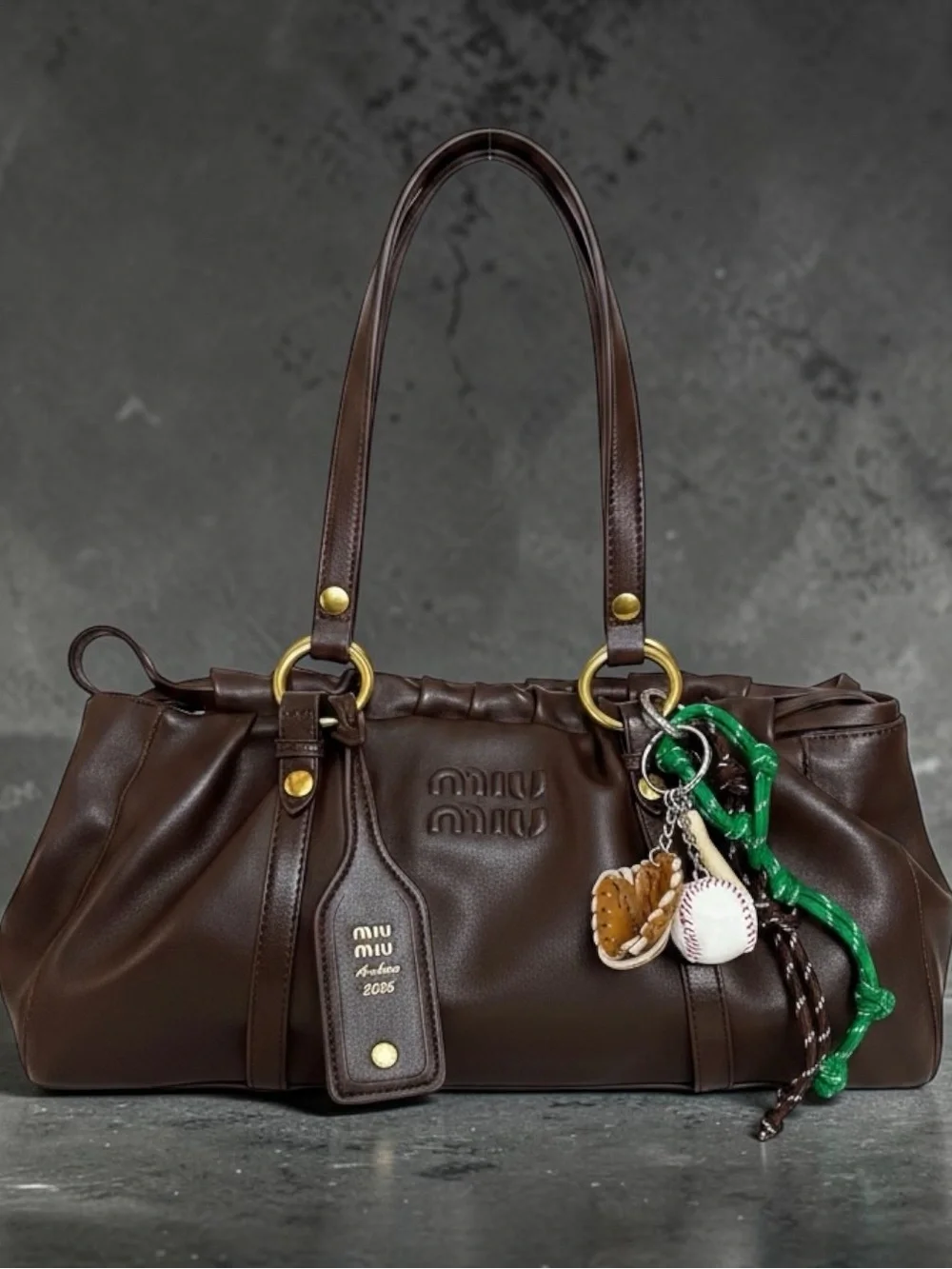 Miu Miu Dark Brown Leather Shoulder Bag with Green Charm - Picture 1 of 10
